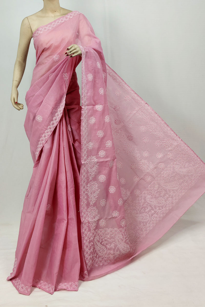 Onion Pink Color Cotton Lucknowi Chikankari Saree With Blouse MC253265