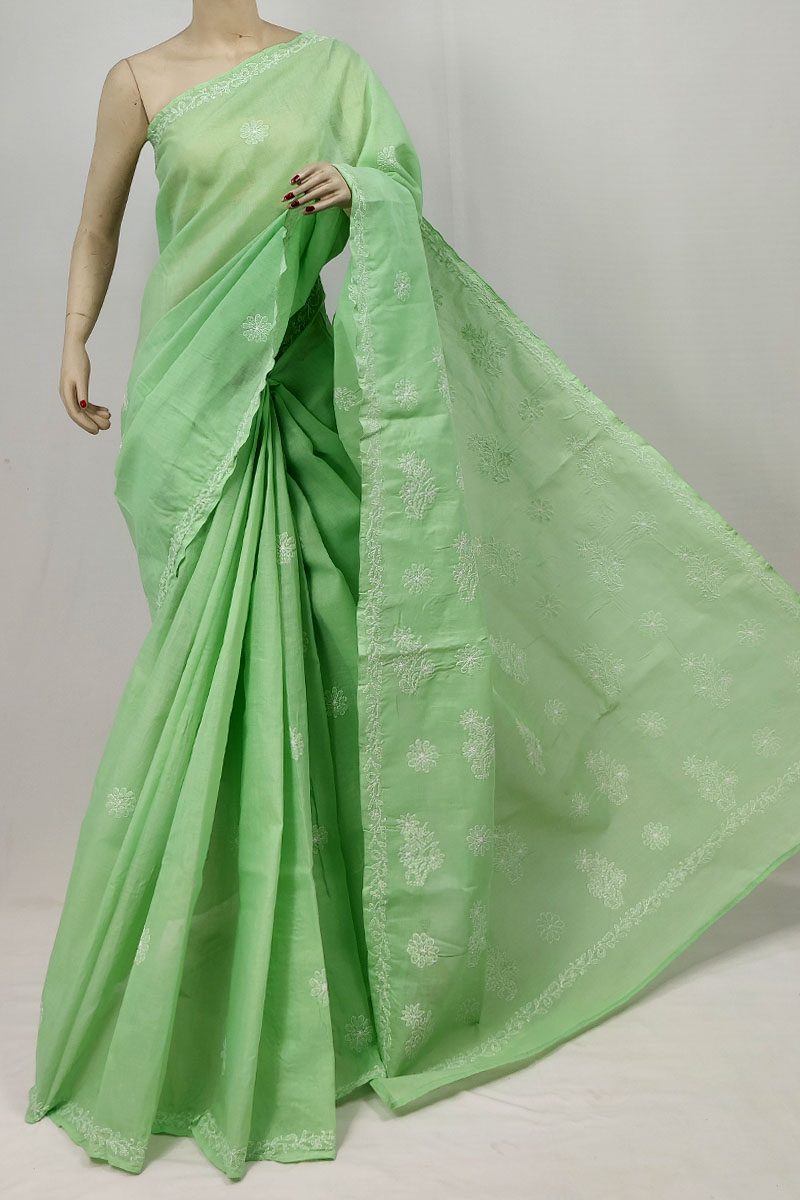 Green Color Cotton Lucknowi Chikankari Saree With Blouse MC253270