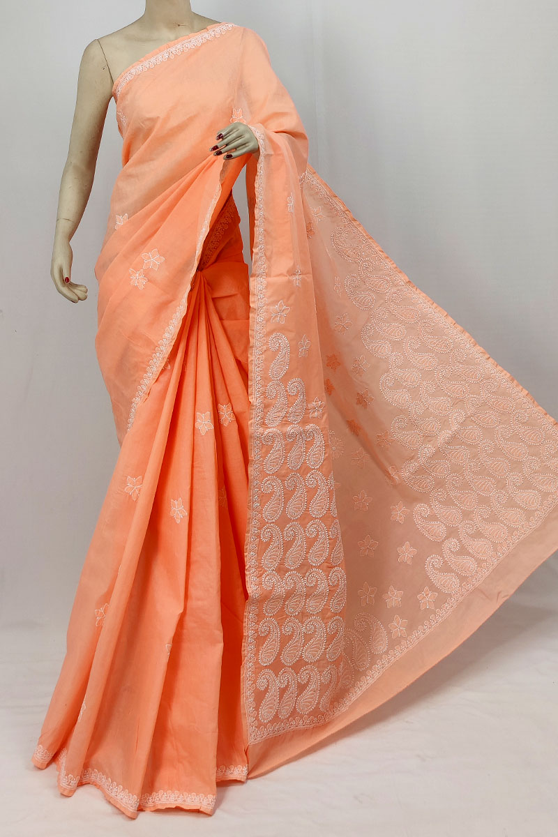 Orange Color Cotton Lucknowi Chikankari Saree With Blouse MC253271