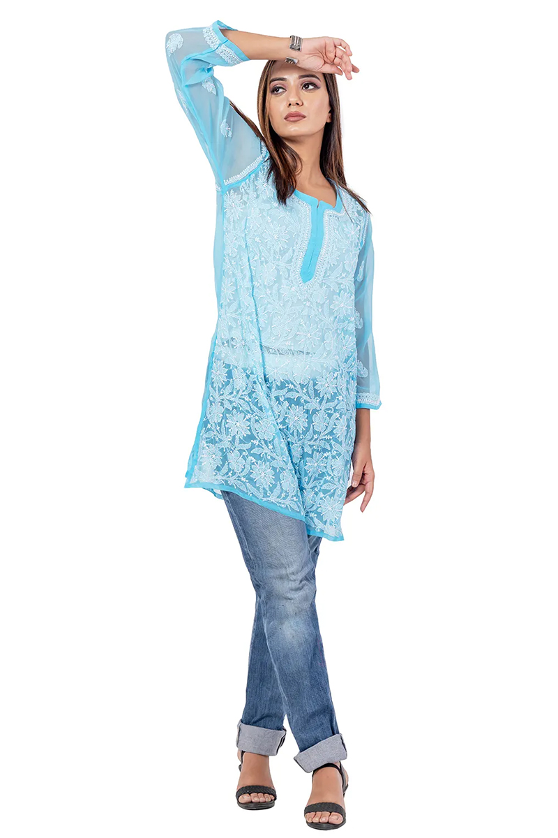 Blue Color Hand Embroidered Lucknowi Chikankari long kurti (Georgette) MC252461