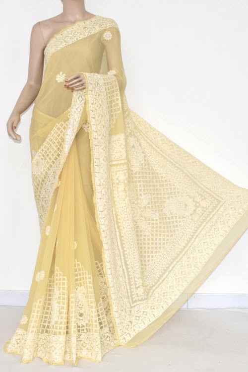 Yellow Hand Embroidered Lucknowi Chikankari Saree (with Blouse - Georgette) 14485