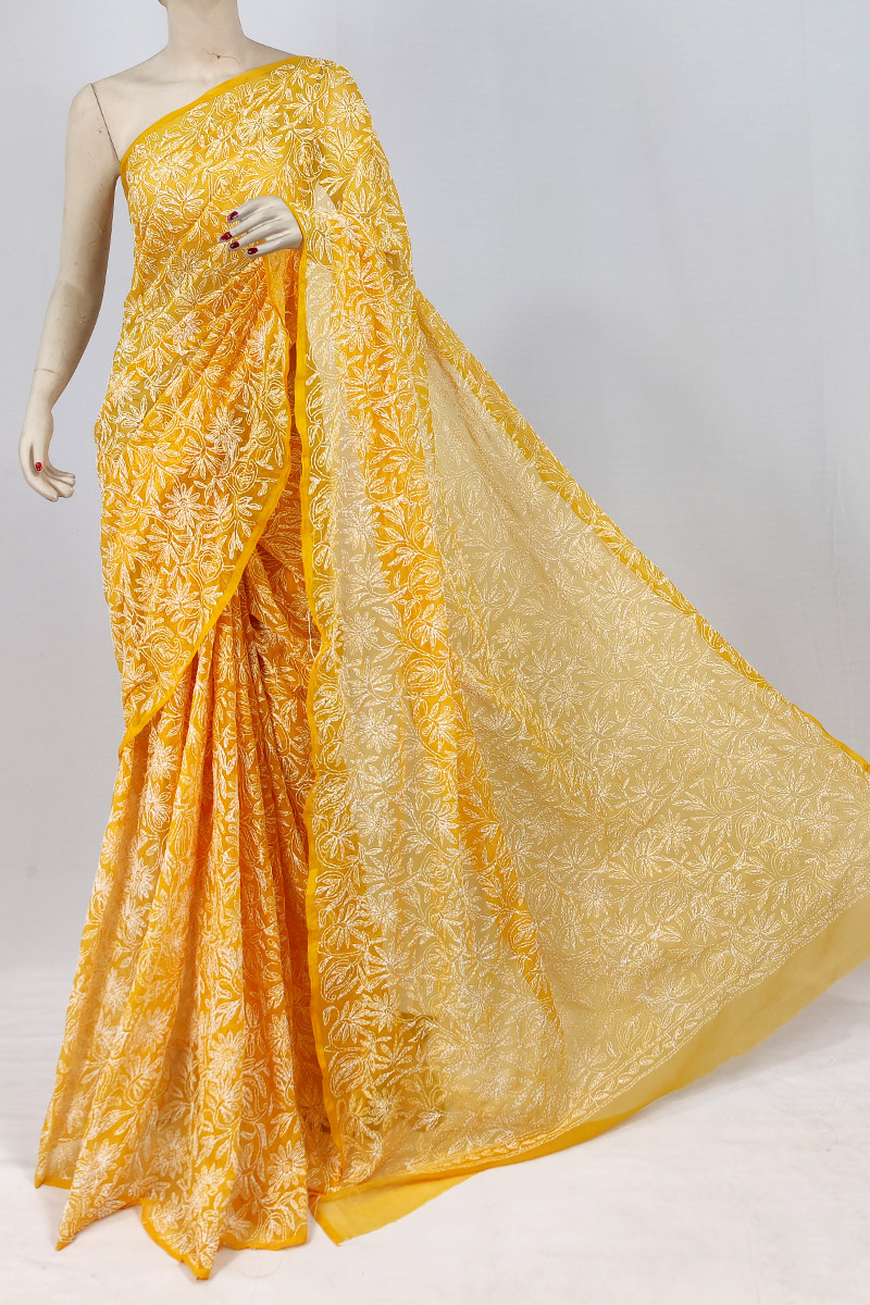 Orange Colour Georgette Chikankari Saree With Blouse Mc253140