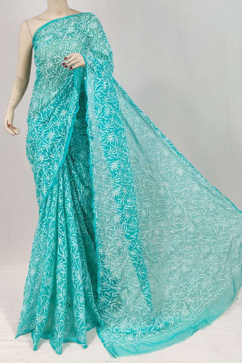 Aqua Blue Colour Georgette Chikankari Saree With Blouse MC253141