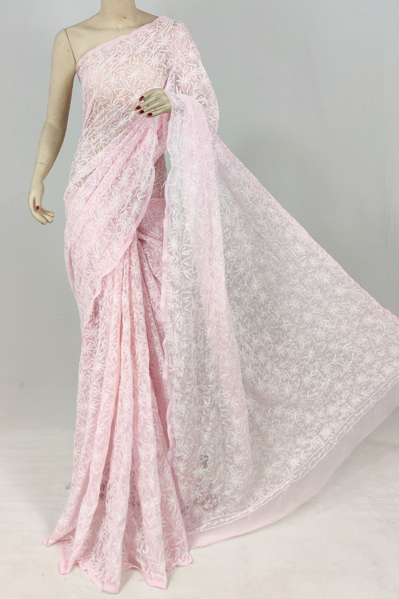 Baby Pink Colour Georgette Chikankari Saree With Blouse MC253142