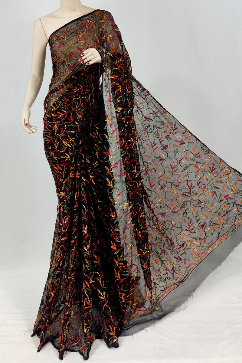 Black Colour Georgette Chikankari Saree With Blouse MC253143