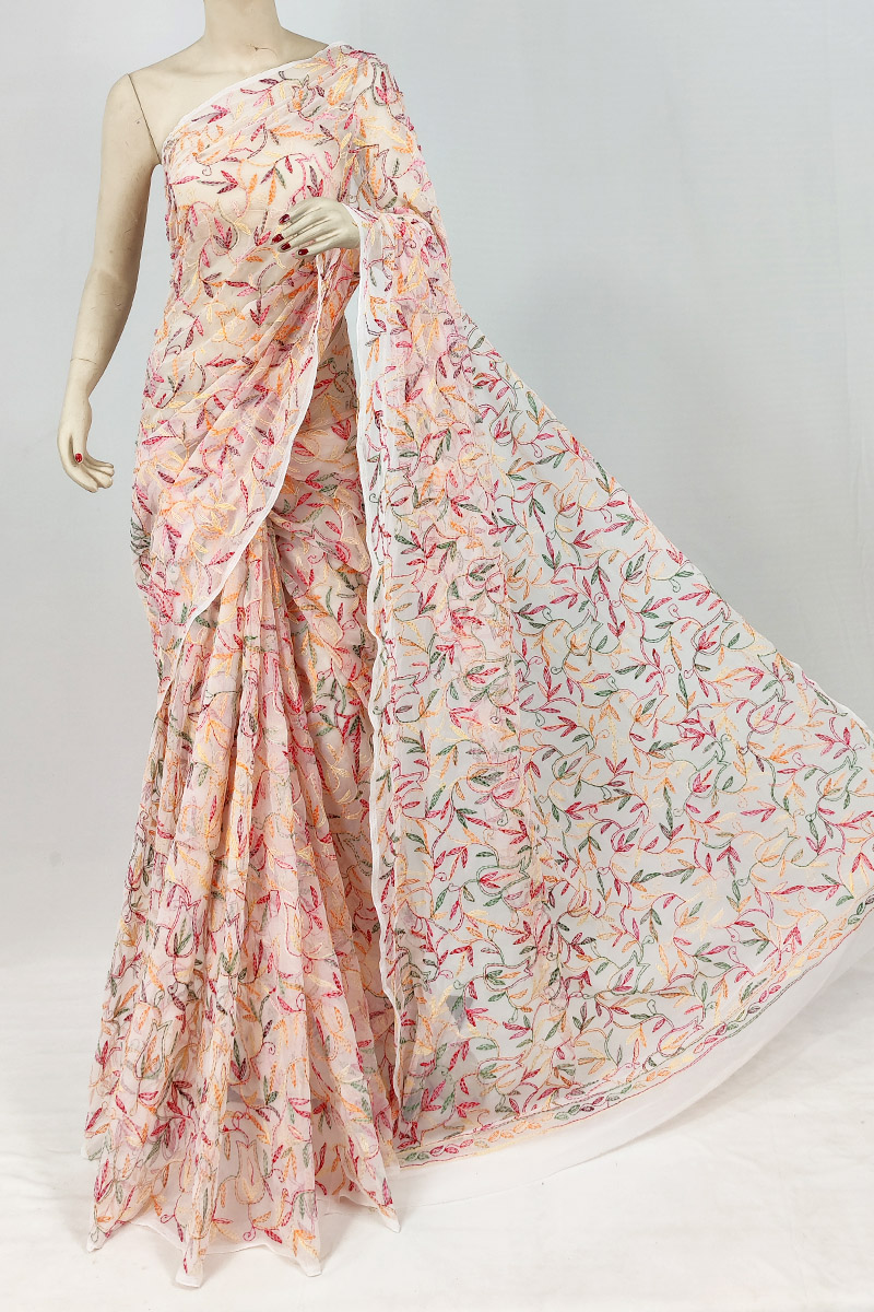 White Colour Georgette Chikankari Saree With Blouse MC253144