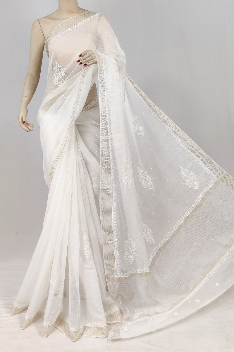 White Colour Chanderi Silk Chikankari Saree With Blouse With Sequence & Pearl Work MC253145