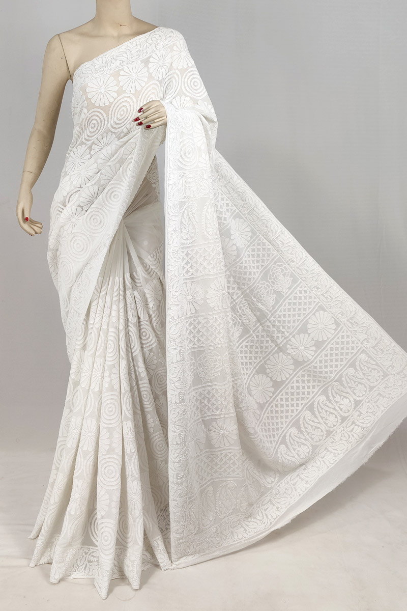 White Colour Allover Designer Pure Georgette Chikankari Saree With Blouse MC253146