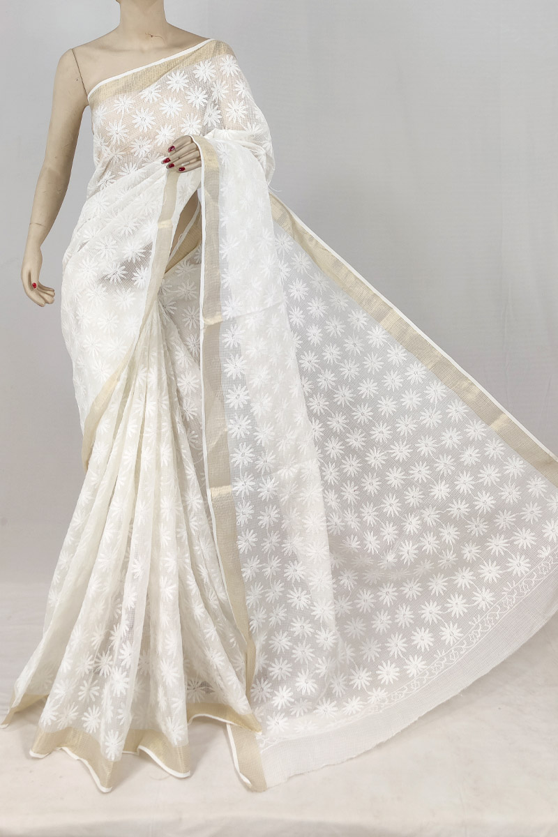 White Colour Kota Cotton Tepchi Lucknowi Chikankari Saree Without Blouse MC253147
