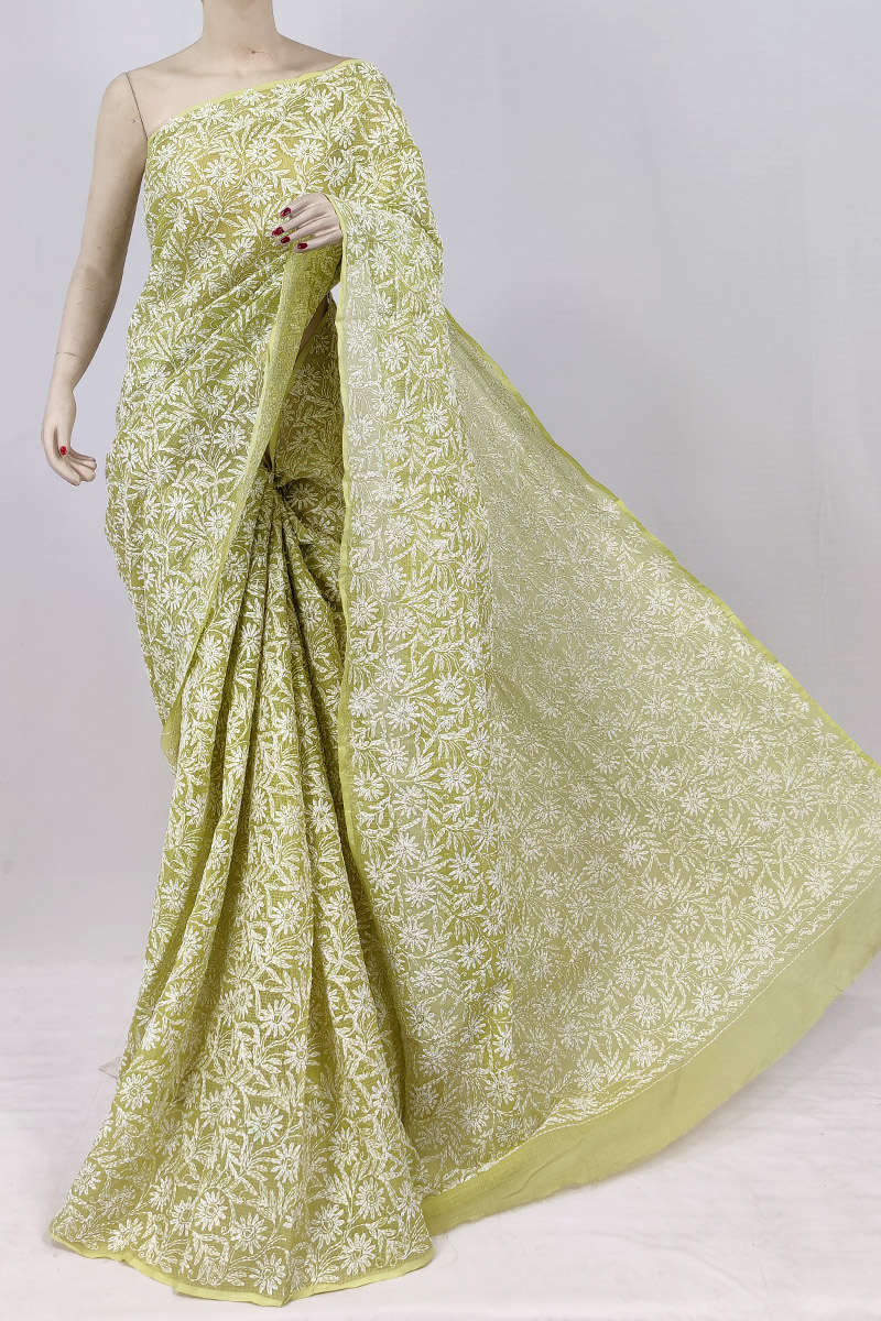 Green Colour Kota Cotton Tepchi Lucknowi Chikankari Saree Without Blouse MC253149