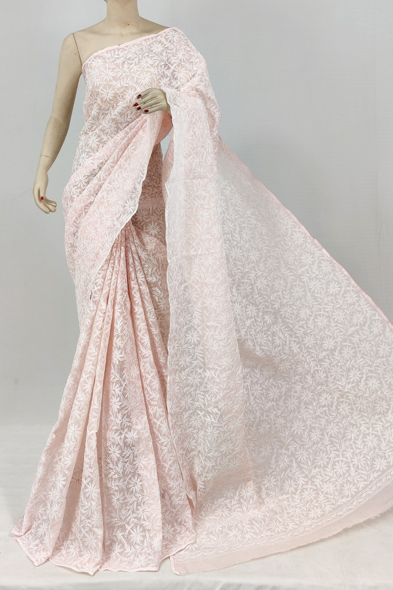 Baby Pink Colour Kota Cotton Tepchi Lucknowi Chikankari Saree Without Blouse MC253150