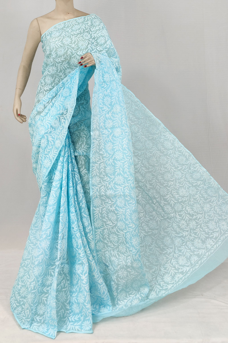 Sky Blue Colour Kota Cotton Tepchi Lucknowi Chikankari Saree Without Blouse MC253151