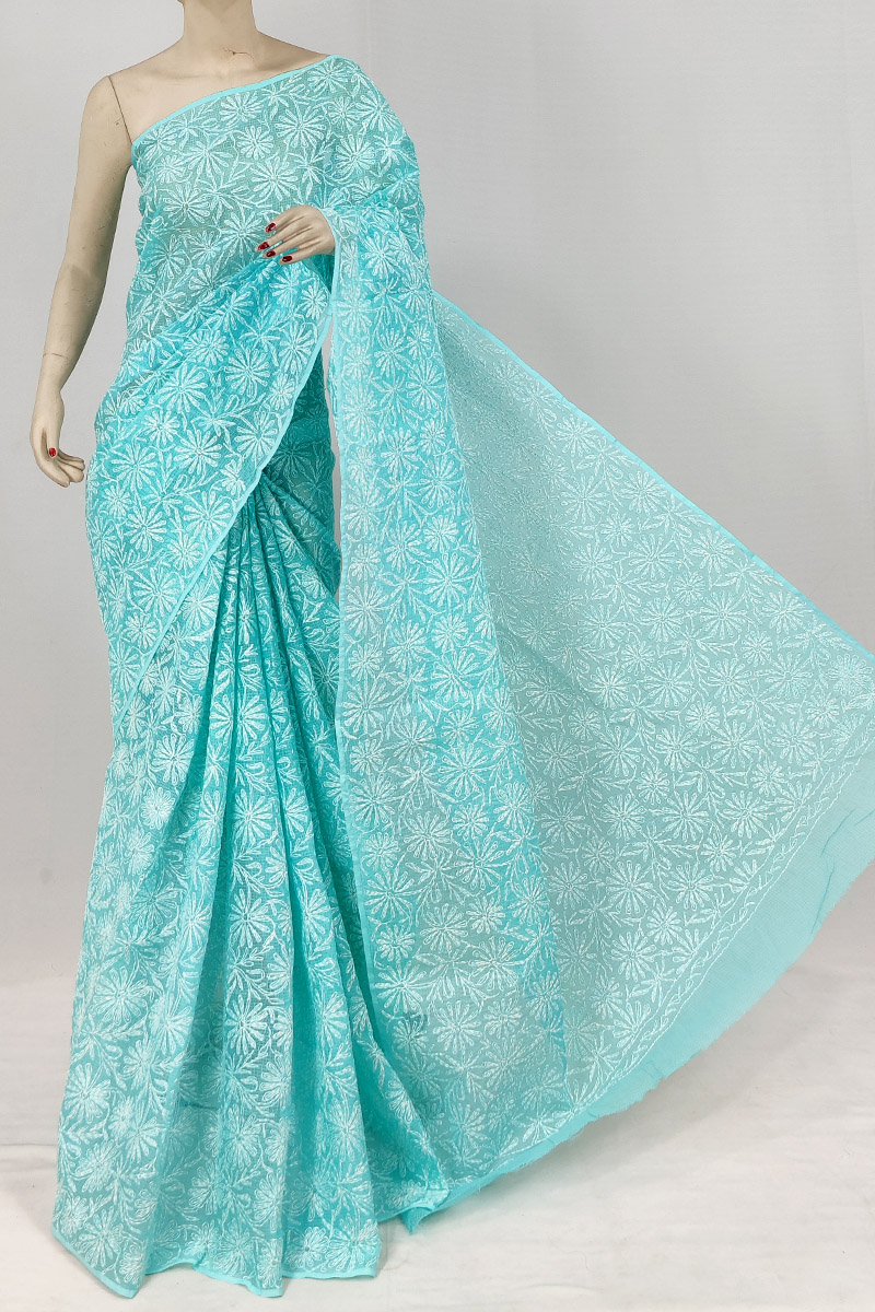 Aqua Green Colour Kota Cotton Tepchi Lucknowi Chikankari Saree Without Blouse MC253153