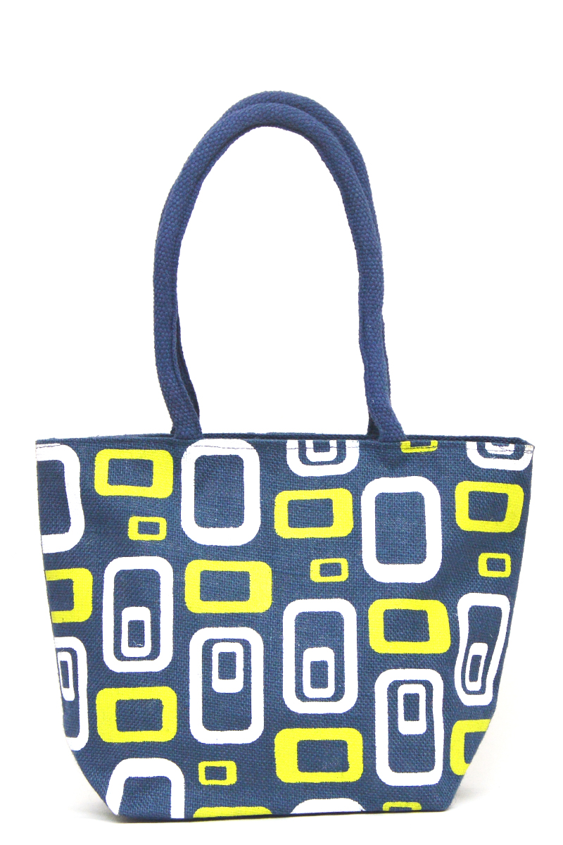 Dark_Blue Printed Fancy Jute  Bag with Mini Chain Pocket - HB012