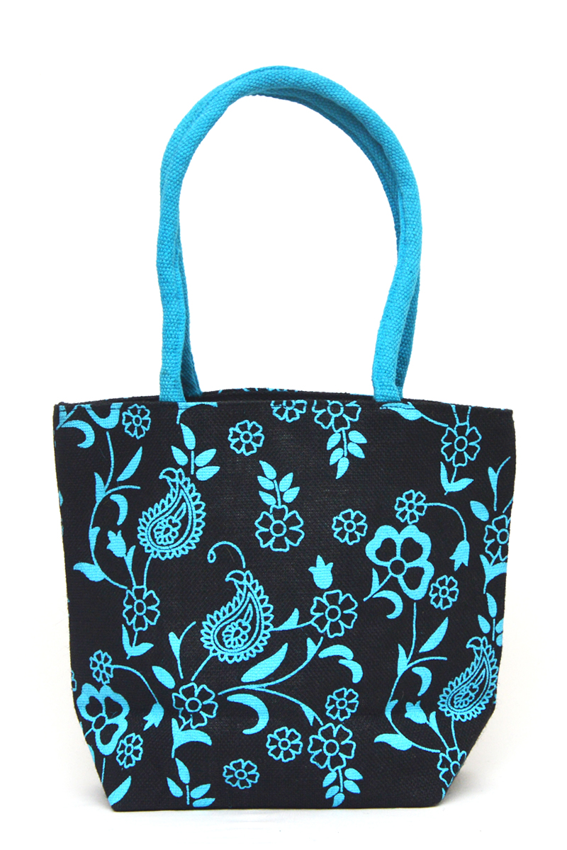Sky_blue Printed Fancy Jute  Bag With Mini Chain Pocket - Hb013