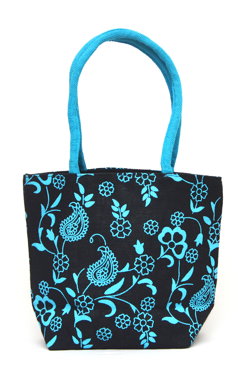 Sky_Blue Printed Fancy Jute  Bag with Mini Chain Pocket - HB013