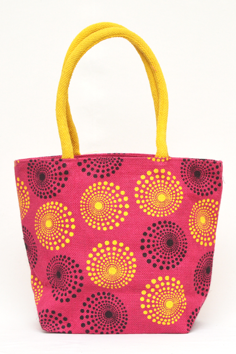 Pink Printed Fancy Jute  Bag with Mini Chain Pocket - HB010