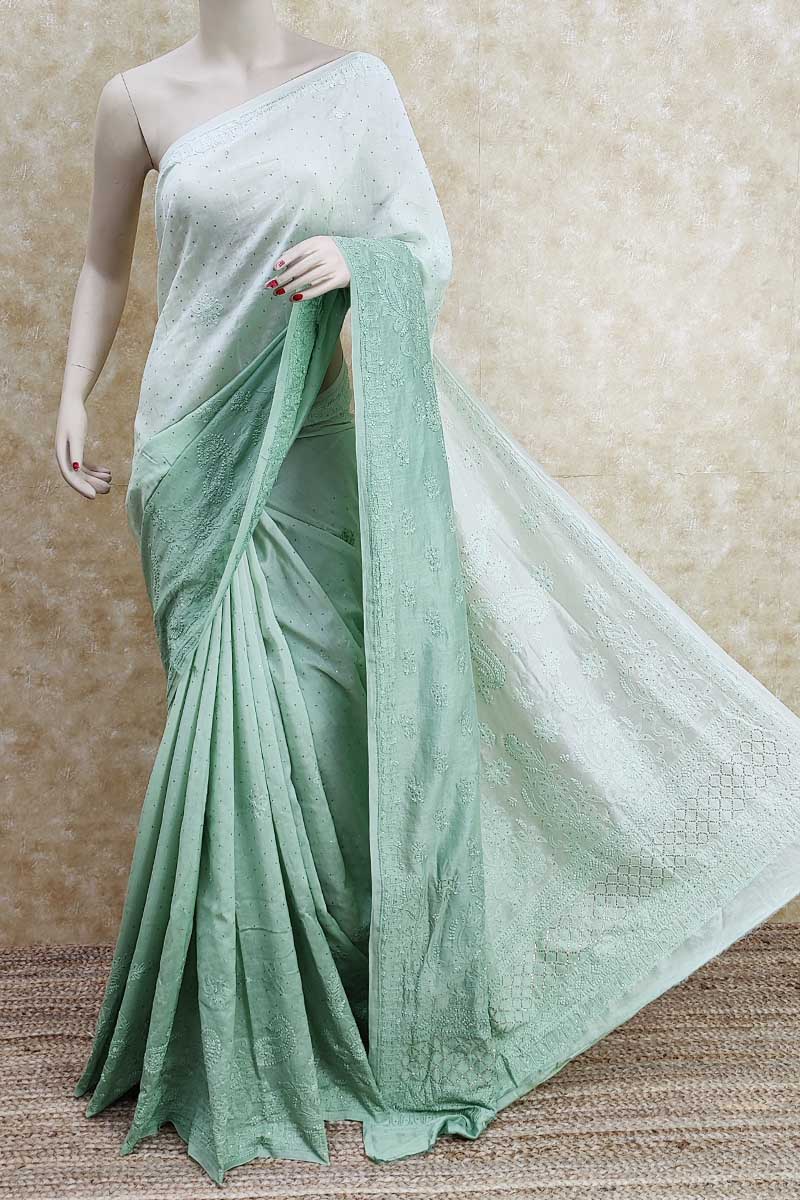 Shaded Pista Green Color Chanderi Silk Designer With Mukaish Work Hand Embroidered Lucknowi Chikankari Saree (with Blouse - Chanderi Silk) Mc251680