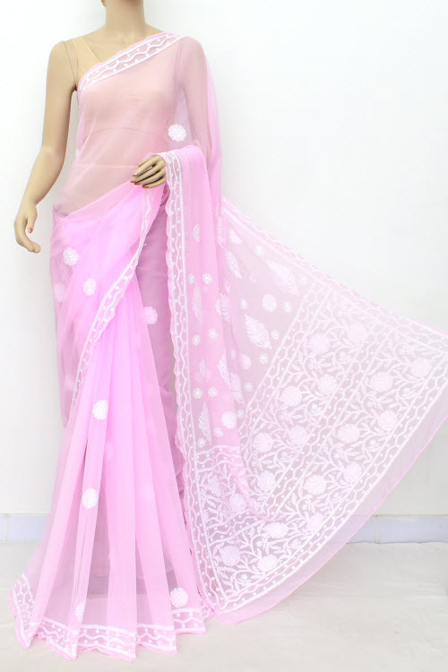 Pink Hand Embroidered Lucknowi Chikankari Saree (georgette-with Blouse) 15002