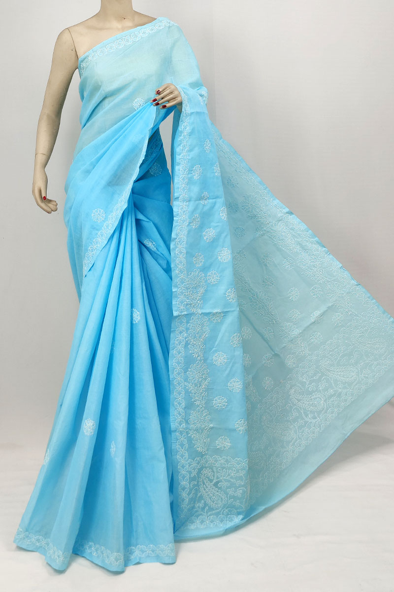 Sky Blue Color Cotton Lucknowi Chikankari Saree With Blouse MC253276