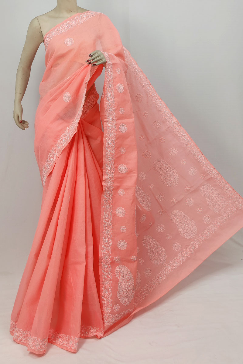 Peach Color Cotton Lucknowi Chikankari Saree With Blouse MC253275