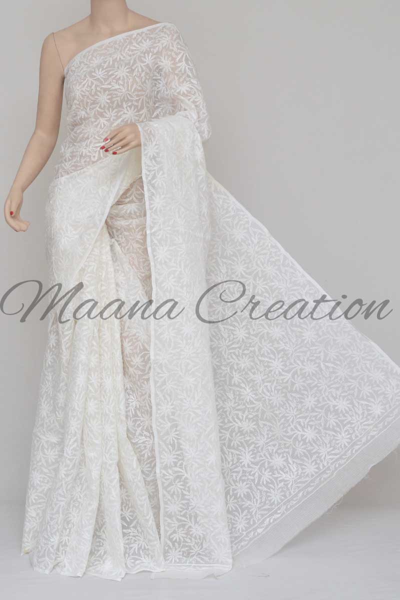 White Allover Kota Cotton Tepchi Work Hand Embroidered Lucknowi Chikankari Saree (Without Blouse) HS250875
