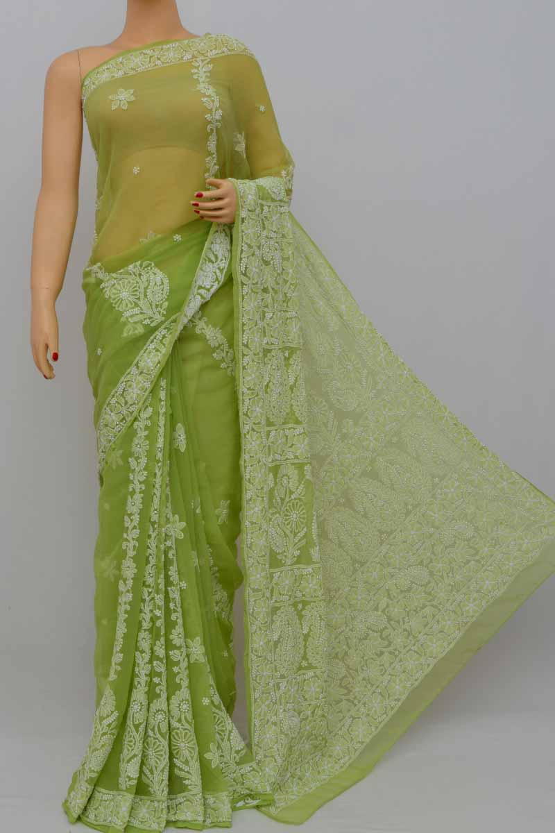 Green Color Hand Embroidered Lucknowi Chikankari Saree (with Blouse - Georgette) Kc250880