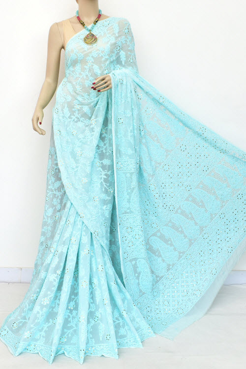 Blue Color Hand Embroidered Allover Mukaish Work Lucknowi Chikankari Saree (With Blouse - Viscose Georgette) 15217