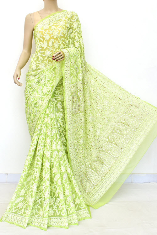 Green Hand Embroidered Allover Gota Patti Work Lucknowi Chikankari Saree (With Blouse - Faux Georgette) 15142