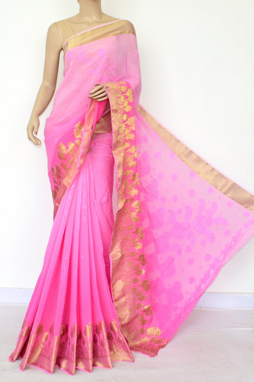Pink Hand Embroidered Lucknowi Chikankari Saree (With Blouse - Viscose Georgette) 14885