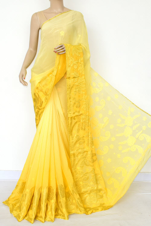 Yellow Hand Embroidered Lucknowi Chikankari Saree (With Blouse - Faux Georgette) 14884