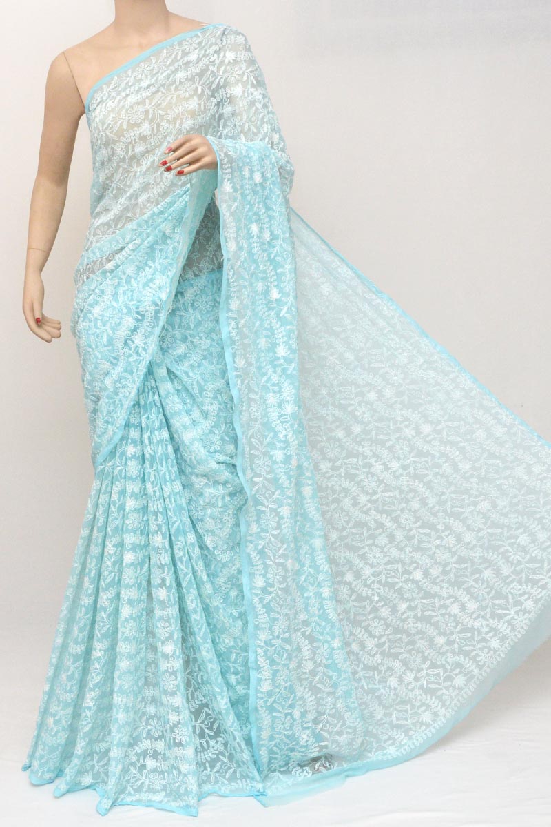 Blue Color  Tepchi Work Hand Embroidered Lucknowi Chikankari Saree (with Blouse) Pu251184