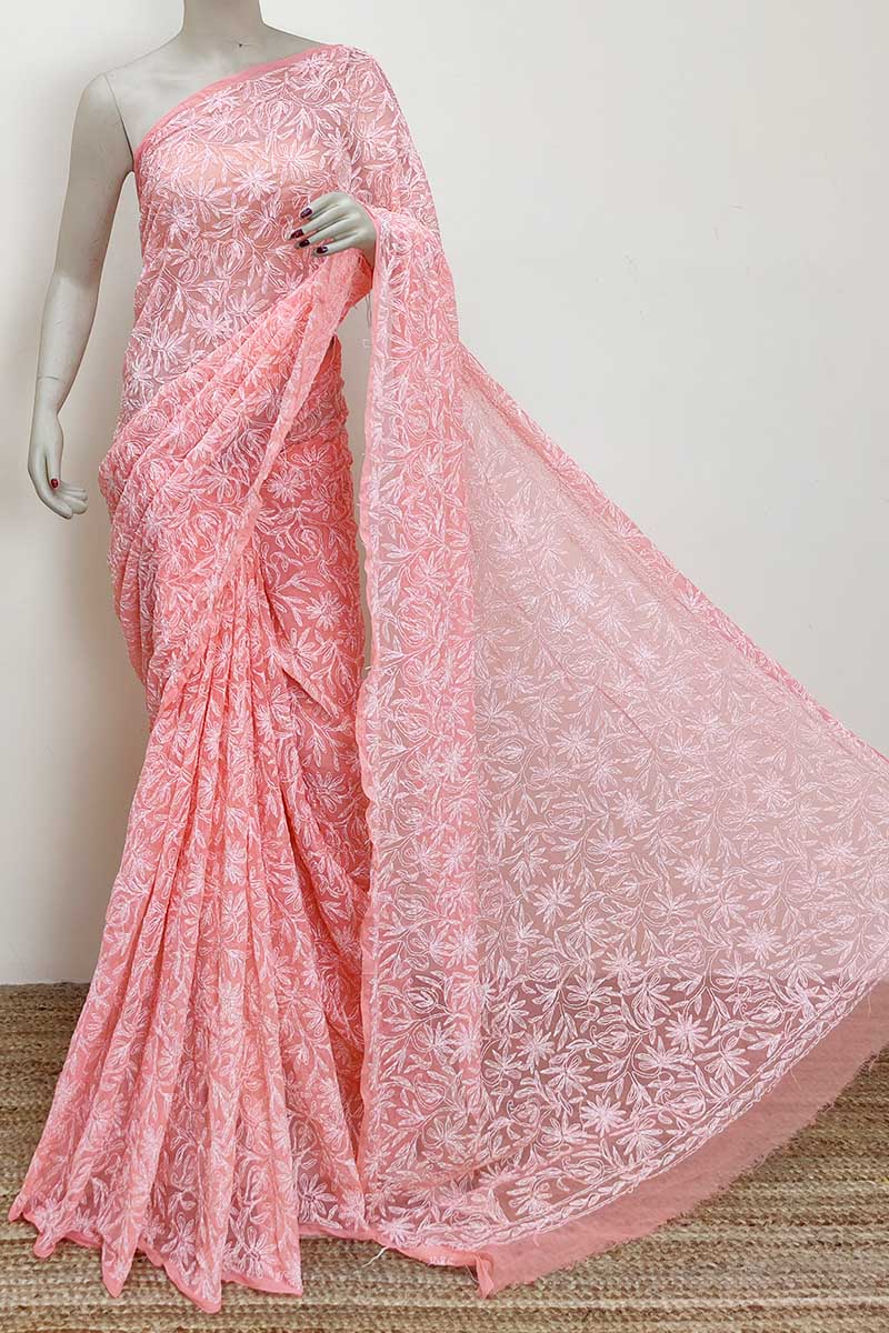 Orange Colour Georgette Lucknowi Chikankari Tepchi Saree (with Blouse) Mc252984