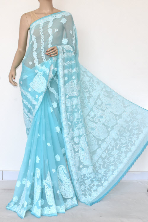 Blue Hand Embroidered Lucknowi Chikankari Saree (Georgette-With Blouse) 14604