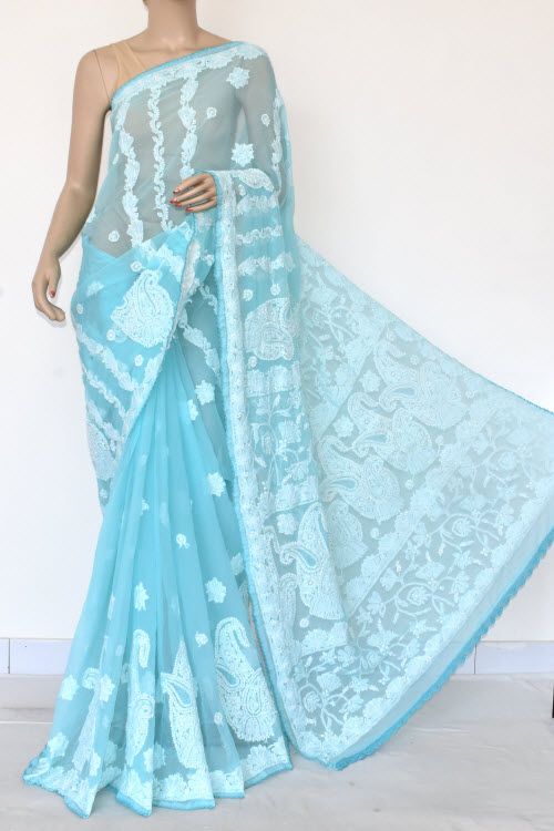 Blue Hand Embroidered Lucknowi Chikankari Saree (Georgette-With Blouse) 14604