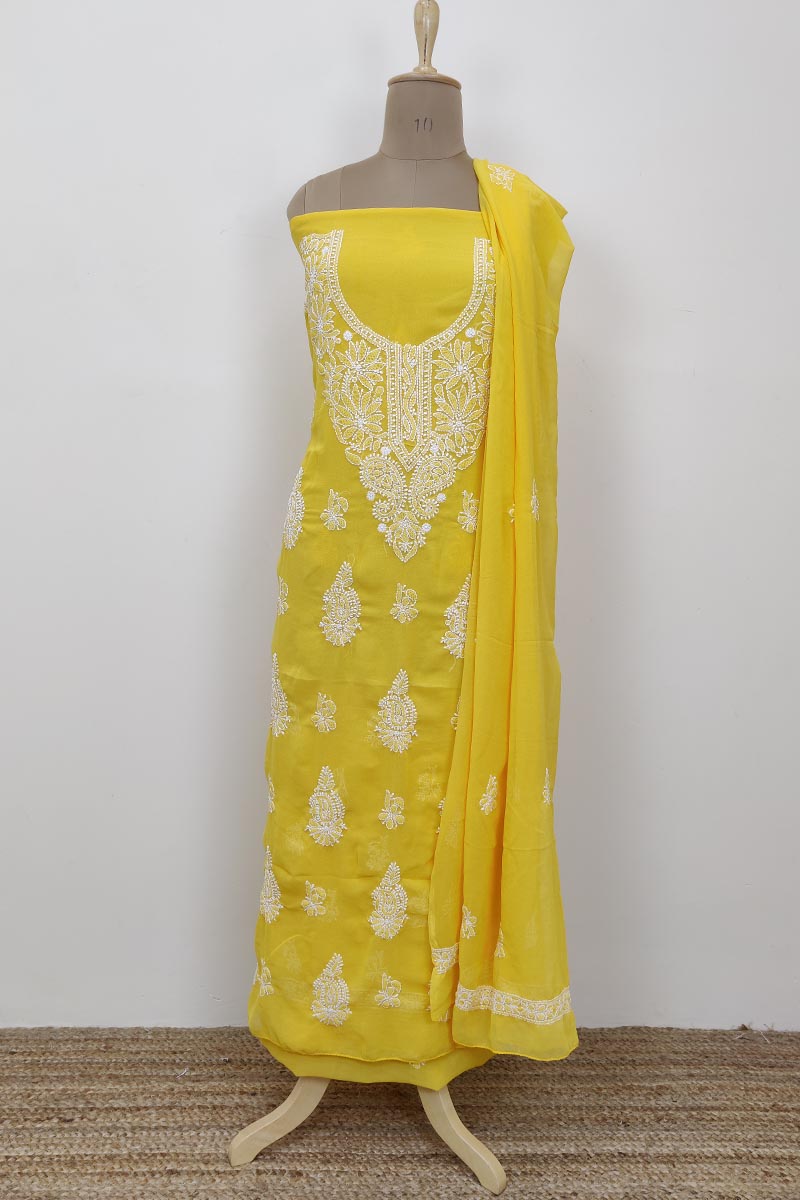 Yellow Colour Georgette Lucknowi Chikankari Kurta Bottom Dupatta Set Mc252661