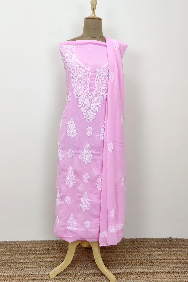 Baby Pink Colour Georgette Lucknowi Chikankari Kurta Bottom Dupatta Set Mc252660