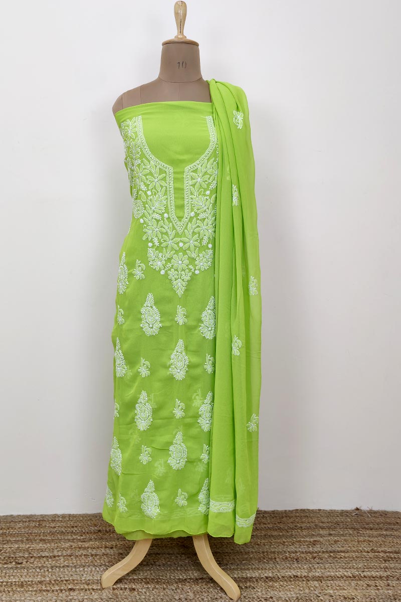 Green Colour Georgette Lucknowi Chikankari Kurta Bottom Dupatta Set MC252659