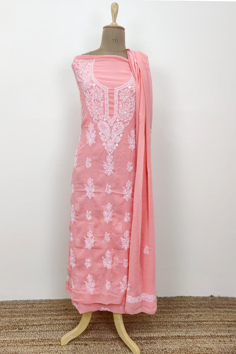 Peach Colour Georgette Lucknowi Chikankari Kurta Bottom Dupatta Set Mc252658