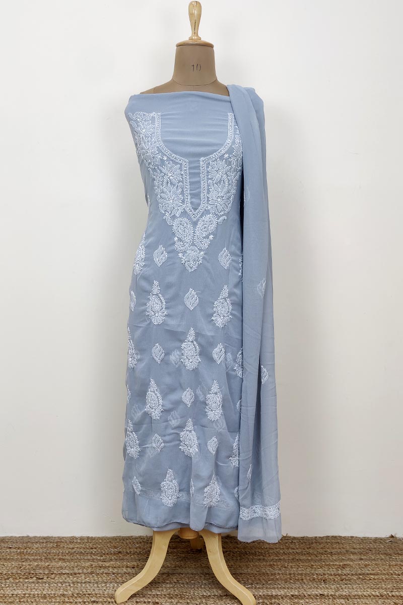 Grey Colour Georgette Lucknowi Chikankari Kurta Bottom Dupatta Set Mc252657