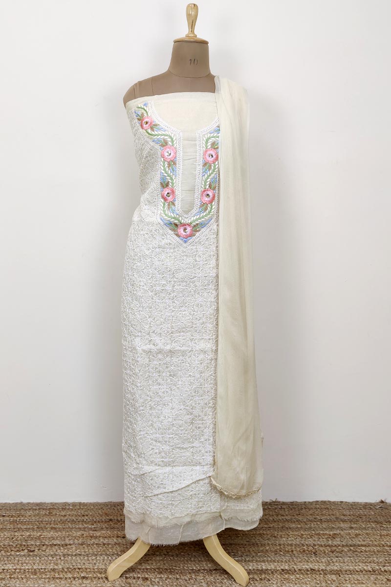 Fawn Colour Cotton Lucknowi Chikankari Kurta Bottom With Shifon Dupatta Set Mc252656