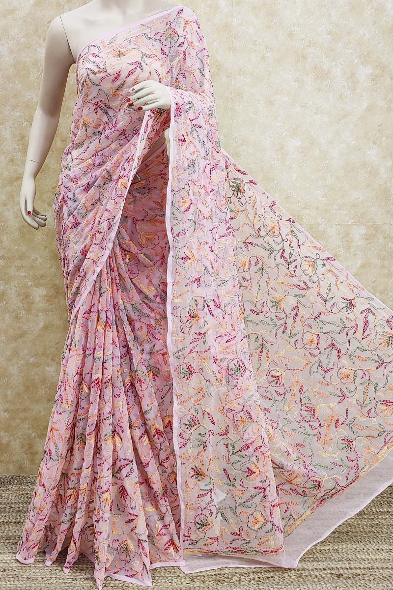 Pink Color Allover Multithread Tepchi Work Hand Embroidered Lucknowi Chikankari Saree (With Blouse) MC251650