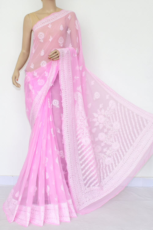 Pink Hand Embroidered Lucknowi Chikankari Saree (Georgette-With Blouse) 14660