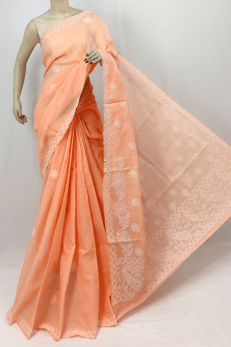 Orange Color Cotton Lucknowi Chikankari Saree With Blouse MC253279