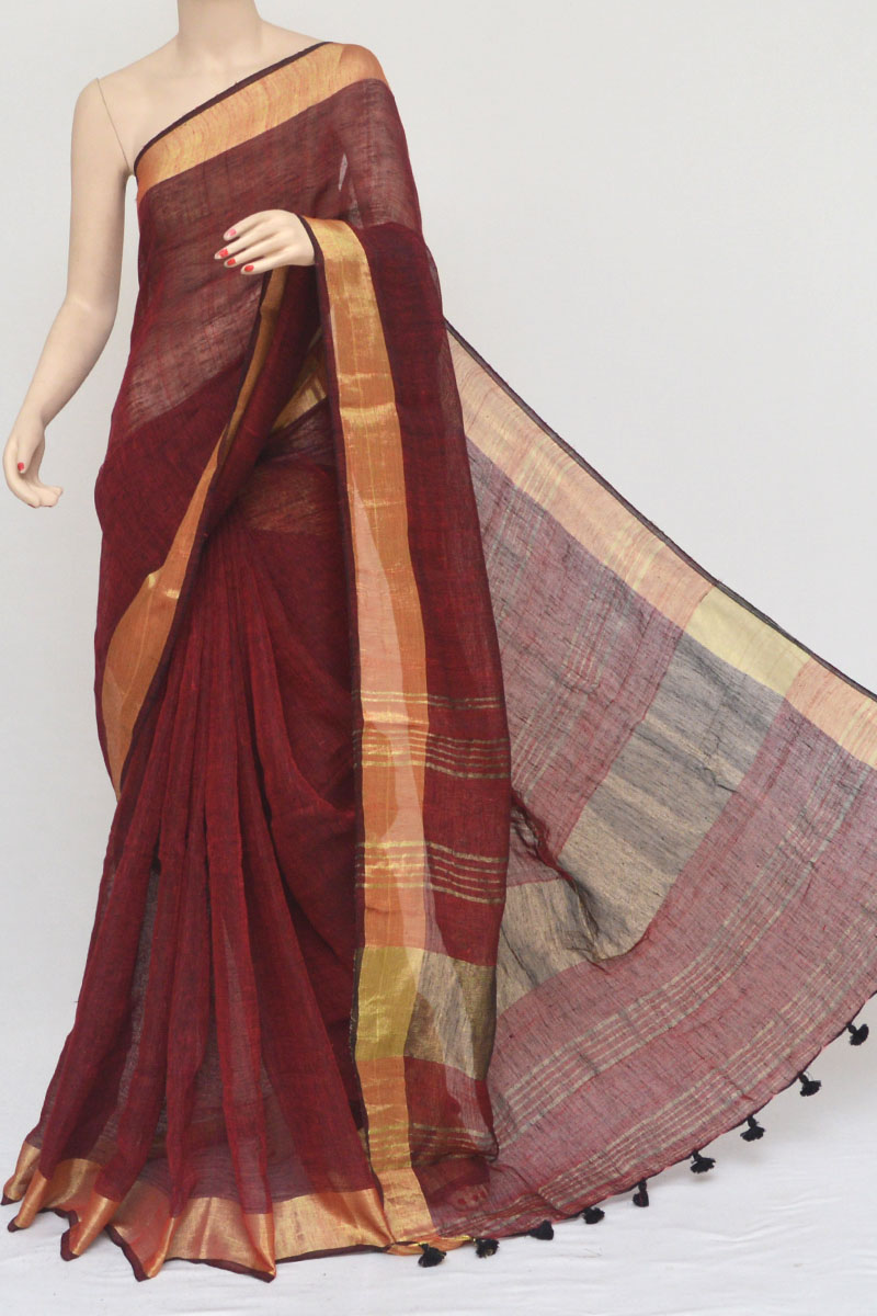 Mehroon Color Lenin Handloom Soft Cotton Saree (with Blouse) Hs251080