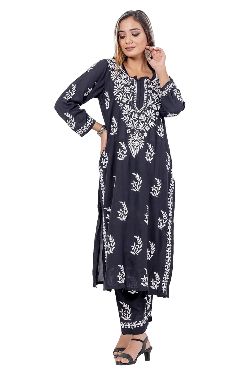 Black Color Hand Embroidered Lucknowi Chikankari Kurta Bottom Set (rayon) Mc252478