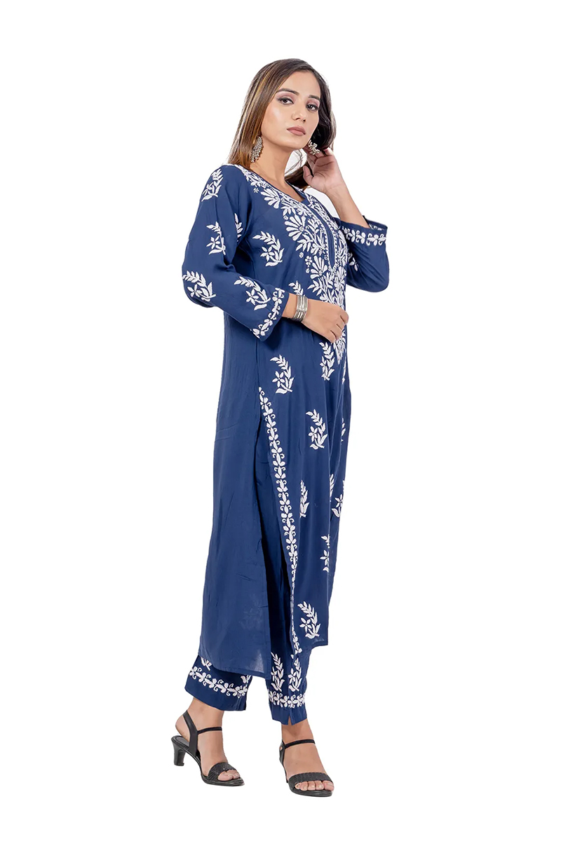 Navy Blue Color Hand Embroidered Lucknowi Chikankari kurta bottom set (Rayon) MC252480