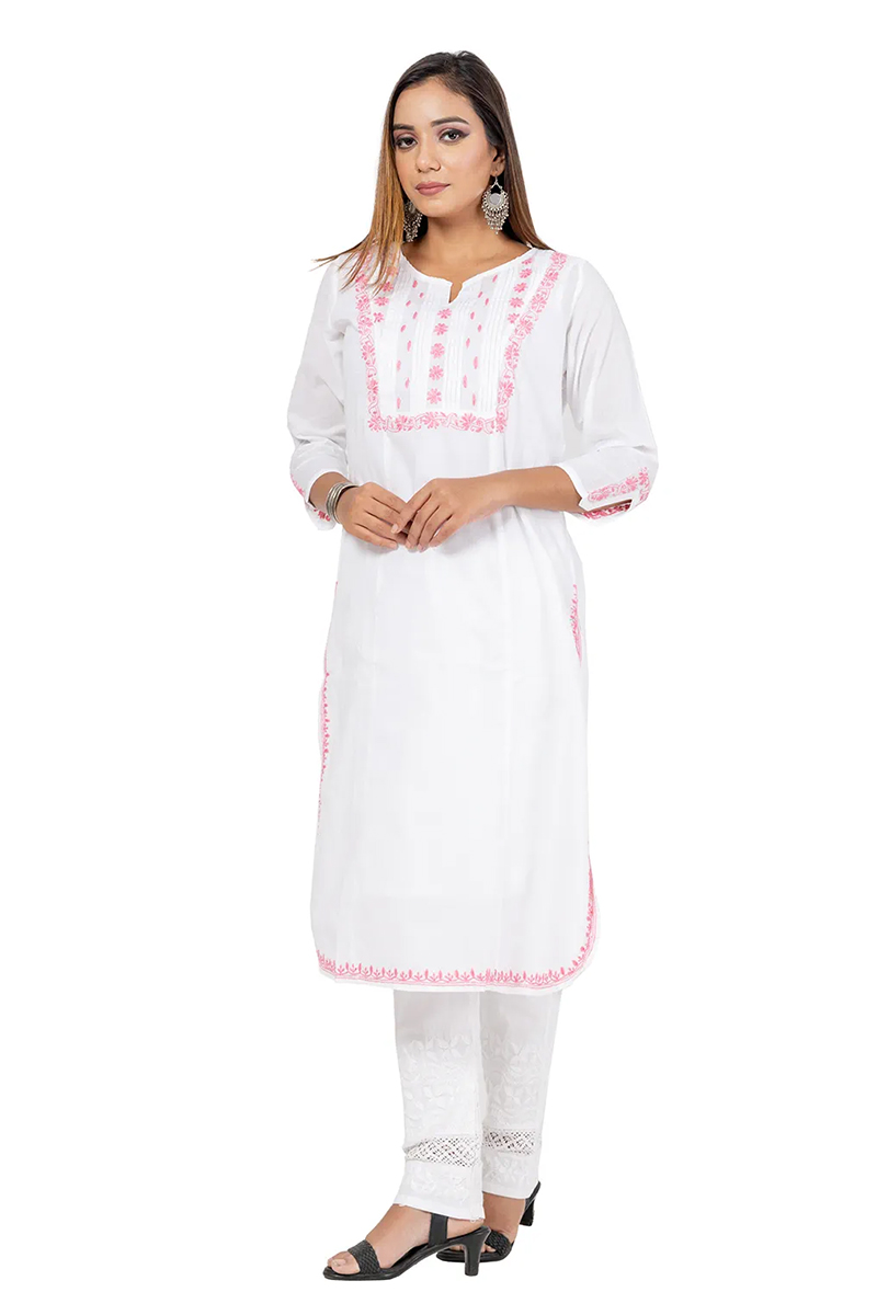 White Color Hand Embroidered Lucknowi Chikankari long kurti (Cotton) MC252467