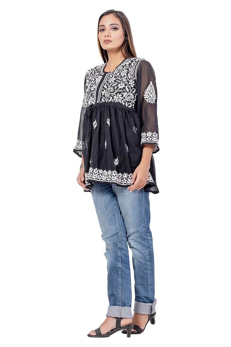 Black Color Hand Embroidered Lucknowi Chikankari Short Top (georgette) Mc252476