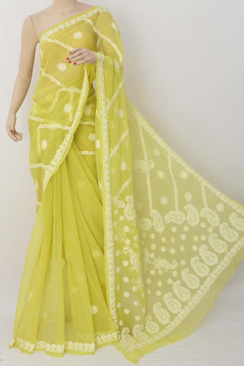 Green Color  Hand Embroidered Lucknowi Chikankari Saree (with Blouse) Mc251313